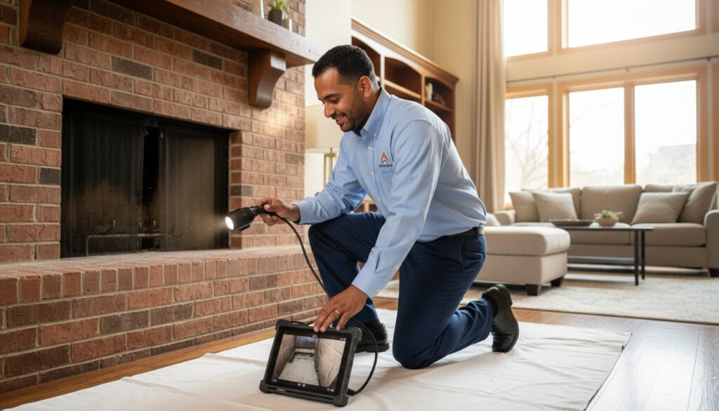 Fireplace specialist measuring existing hearth for precise gas insert installation, Skilled technician measuring fireplace opening for precise custom gas insert installation