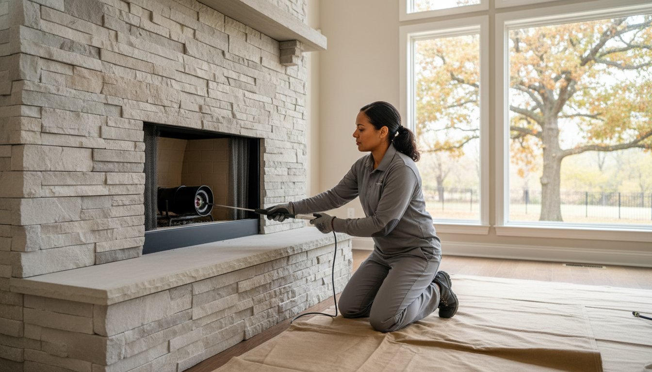 Specialist completing chimney inspection inside a Paola - KS fireplace while evaluating flue condition