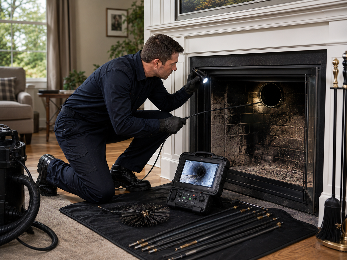 Chimney specialist inspecting flue liner and smoke chamber with professional sweep tools