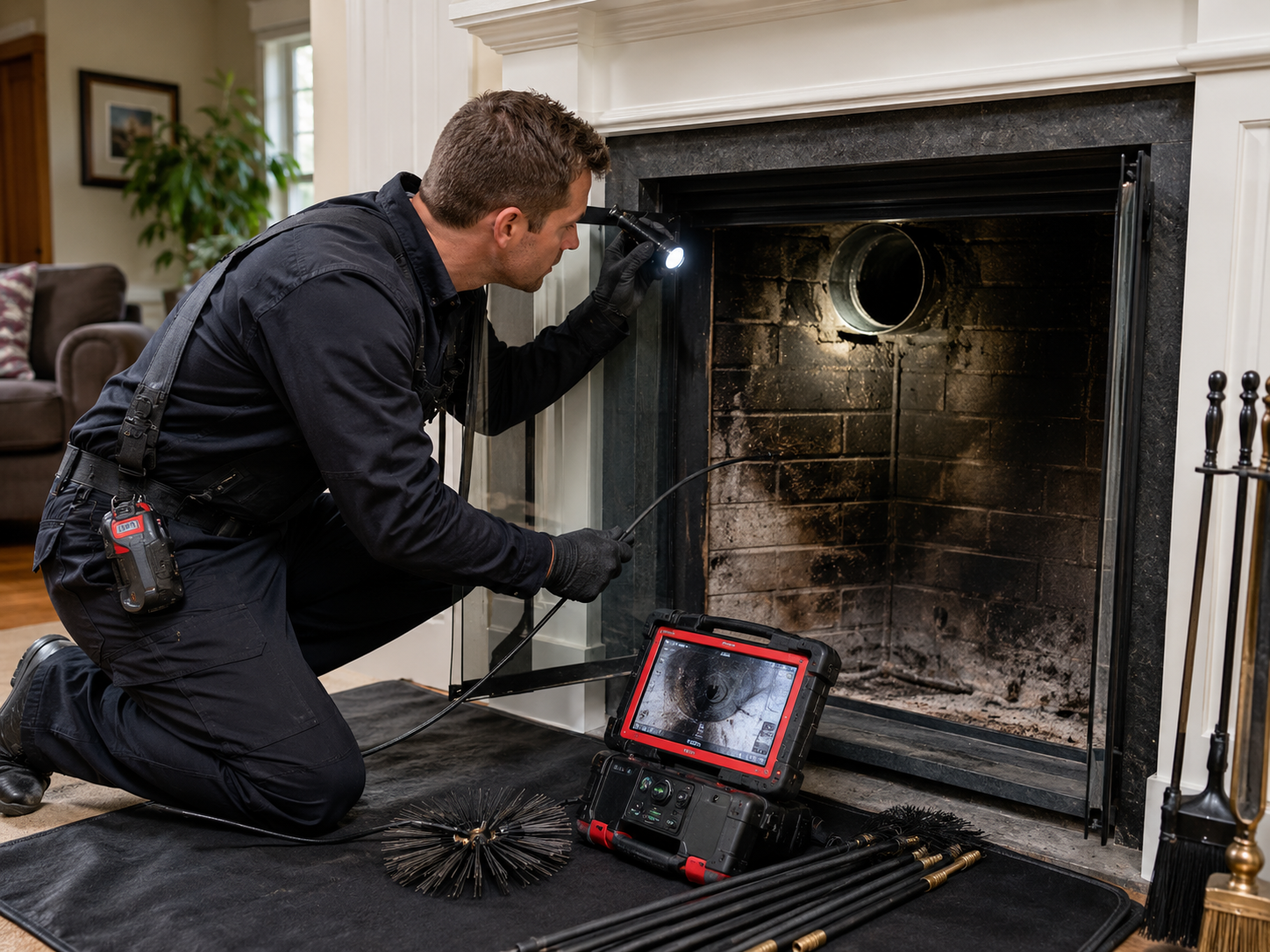 Technician inspecting chimney liner and smoke chamber with specialized cleaning and diagnostic tools