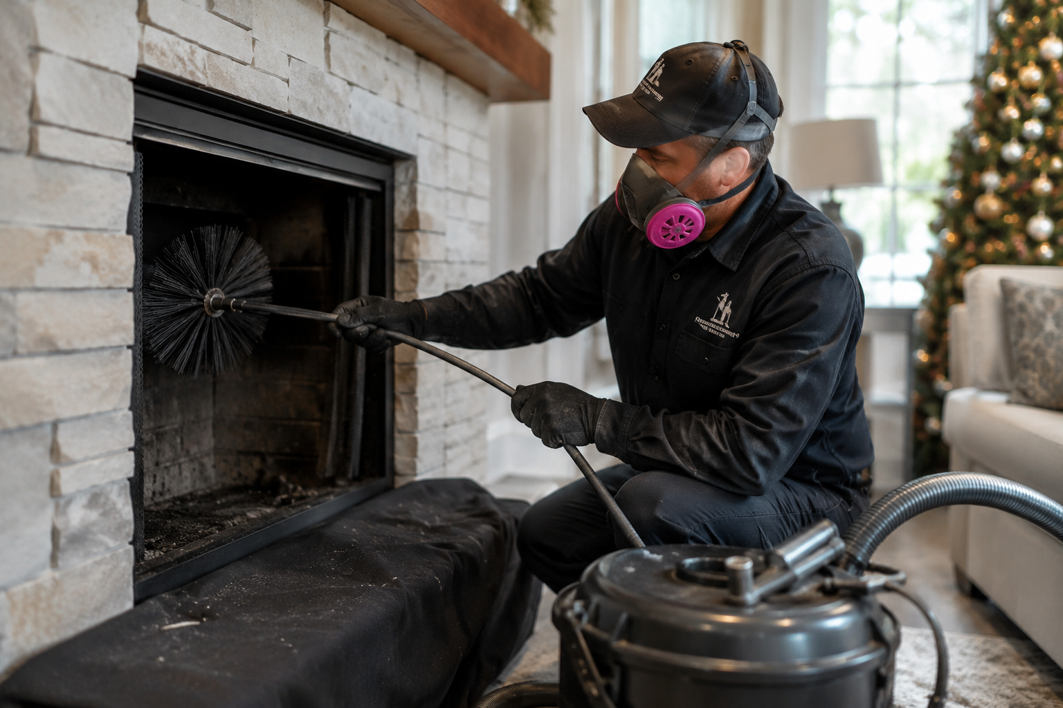 Technician removing creosote from fireplace flue before holiday entertaining in upscale suburban home