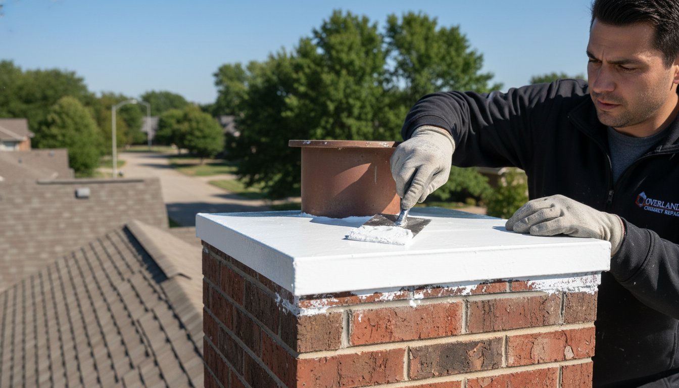 Chimney Crown Repair in Overland Park: A Homeowner’s Guide to Water Damage Prevention, Technician applying chimney waterproofing to exterior masonry on an Osawatomie - KS home before winter weather