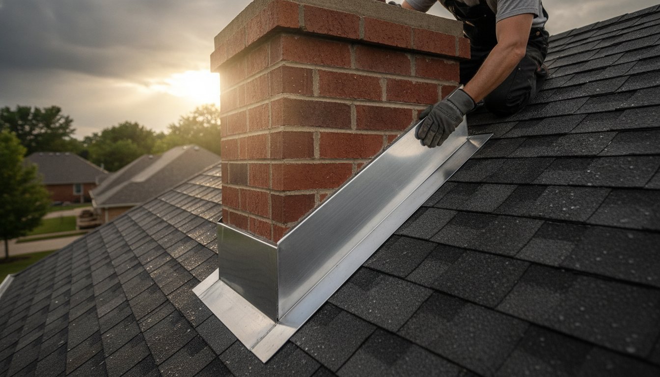 Chimney Flashing Repair in Kansas City: Protecting Your Home from Water Damage,Technician performing chimney waterproofing on a brick stack beside a Spring Hill - KS home