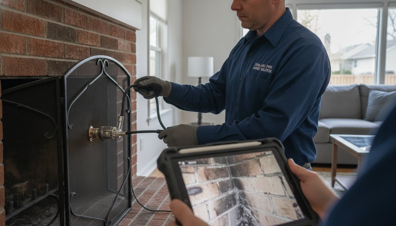 Chimney Inspectors Near Me: Expert Safety Evaluations in Kansas City (2026), Technician performing chimney inspection on a Louisburg - KS home while examining upper masonry and cap