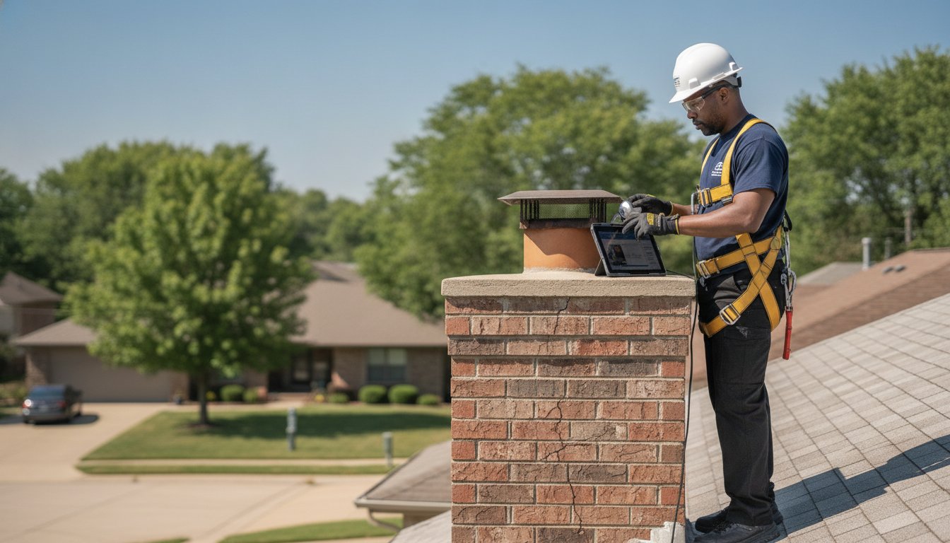 Cost of Chimney Repair in Kansas City: The 2026 Homeowner’s Safety Guide, Chimney Repair in Paola - KS in progress as a mason rebuilds damaged brick courses