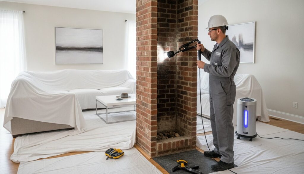 Level 3 Chimney Inspection: The 2026 Forensic Safety Guide for KC Homeowners, Chimney Inspection in Louisburg - KS underway as a technician checks the flue and crown