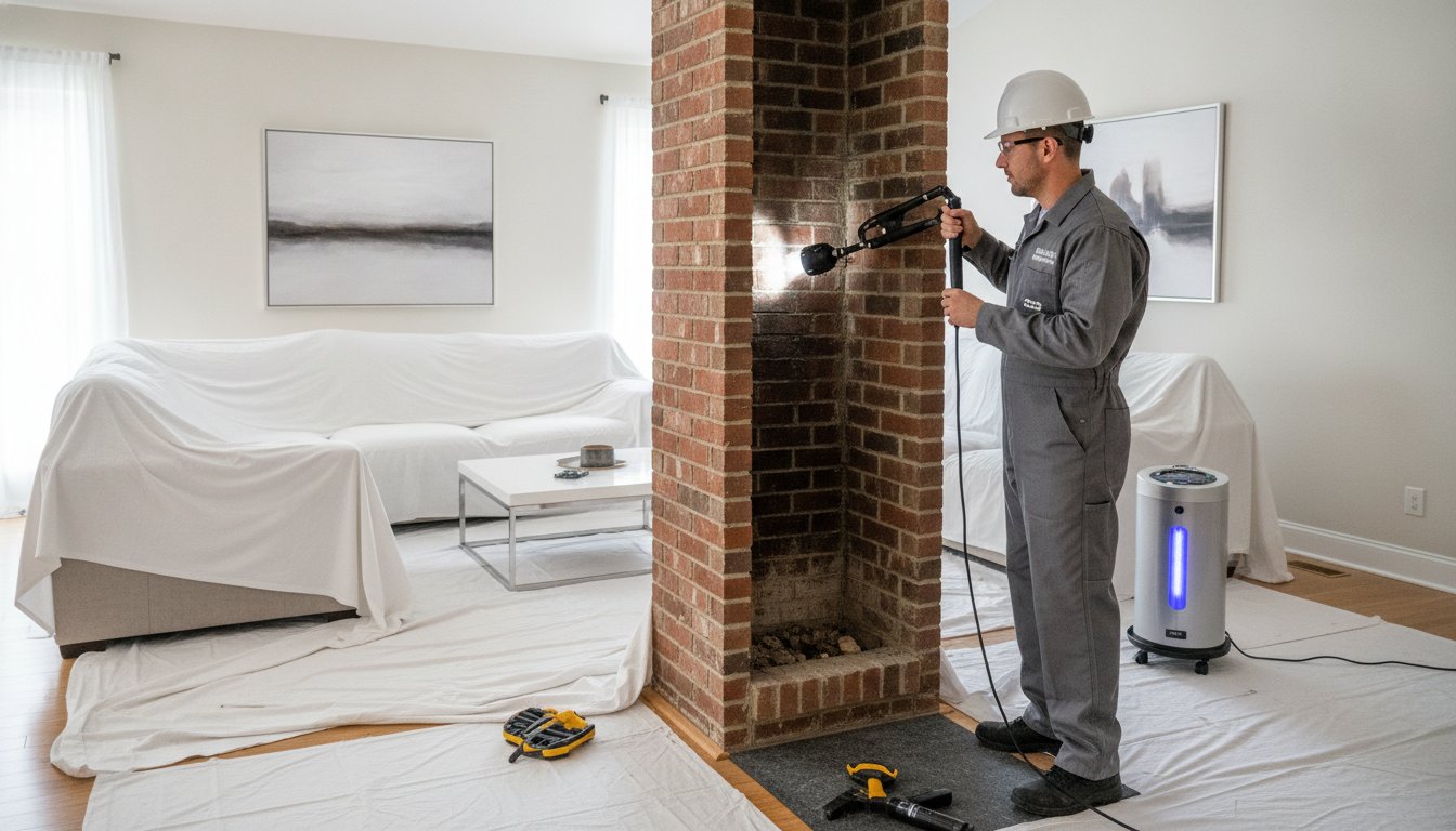 Level 3 Chimney Inspection: The 2026 Forensic Safety Guide for KC Homeowners, Chimney Inspection in Louisburg - KS underway as a technician checks the flue and crown