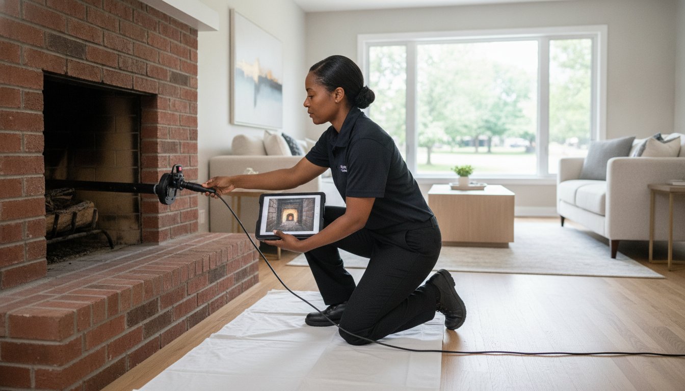 Level 2 Chimney Inspection in Kansas City: The 2026 Homeowner’s Guide, Technician performing chimney inspection in a Spring Hill - KS home while checking the flue interior