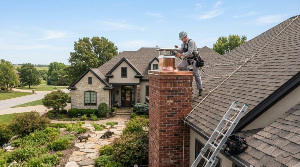 Chimney Cap Installation to Keep Animals Out Bucyrus: Complete 2026 Guide, Chimney Inspection in Spring Hill - KS underway as a technician examines a fireplace flue