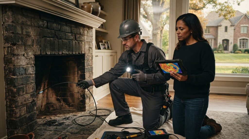 Chimney Inspection After a Chimney Fire in Mission Hills: Safety Checklist, Technician performing chimney inspection in a Fontana - KS home while reviewing fireplace venting condition