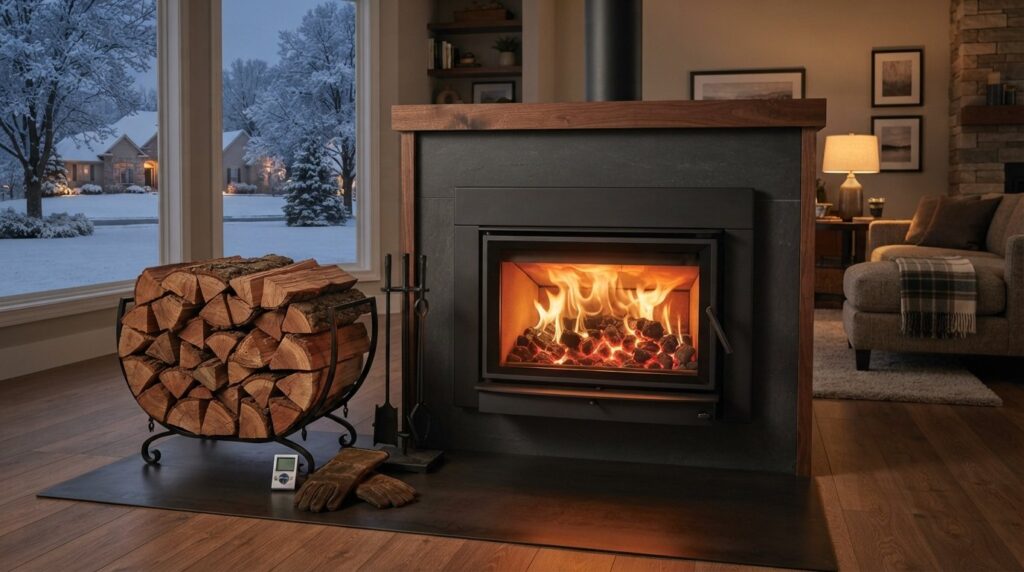 Optimizing Wood Insert Burn Time in Bucyrus: The Complete Homeowner Guide, Chimney Inspection in Shawnee - KS as a technician checks the flue above a living room fireplace