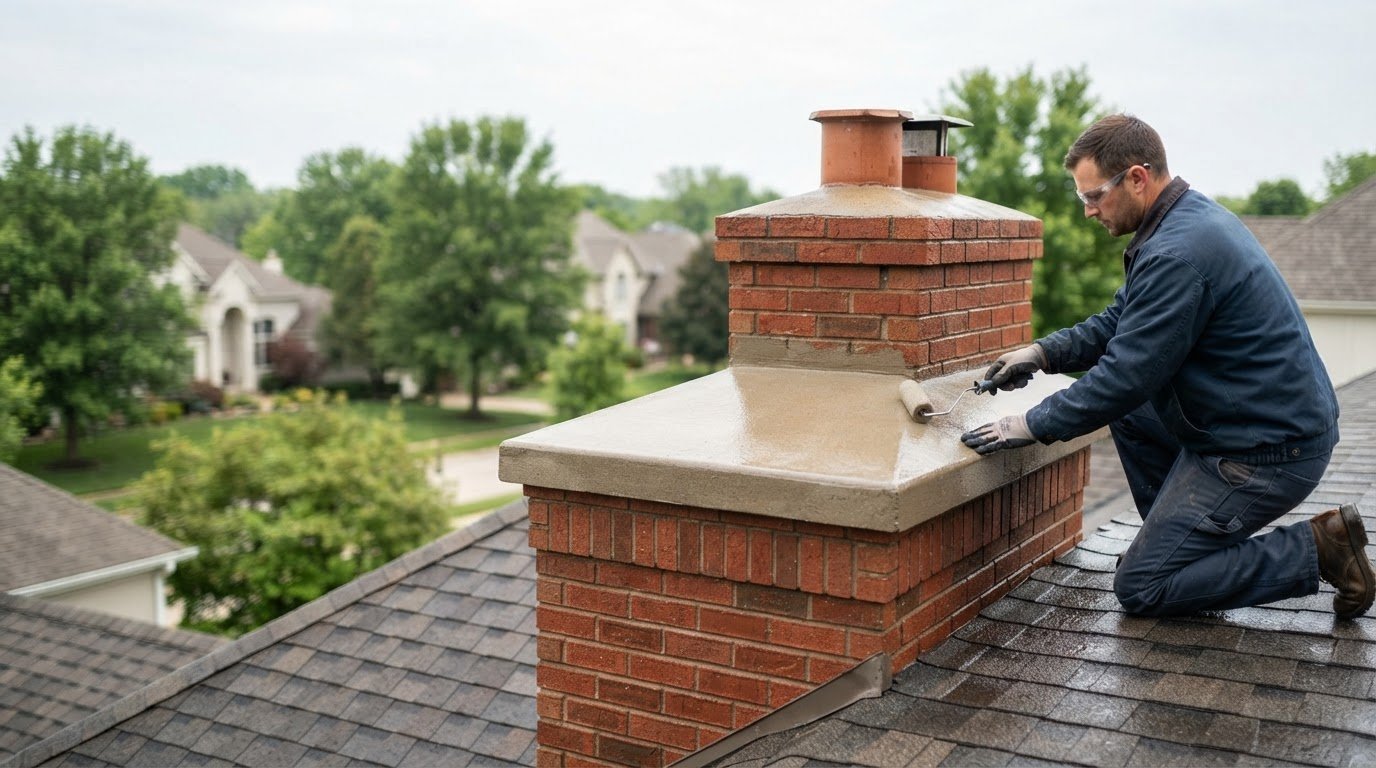 Waterproof Chimney Crown Sealing in Overland Park, Technician performing chimney waterproofing on exterior masonry beside a Lenexa - KS home before winter weather, Chimney Waterproofing in Paola - KS underway as a technician coats exterior brick near the roofline, Technician applying chimney waterproofing to exterior masonry on a Louisburg - KS home during dry weather