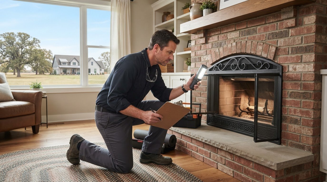What Is a Level 1 Chimney Inspection in Bucyrus, KS?, Chimney Inspection in Fontana - KS as a technician checks a masonry flue above a fireplace