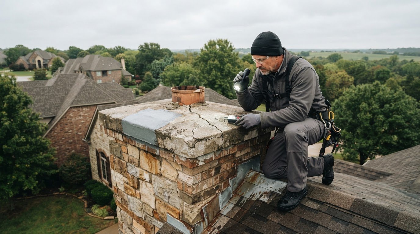 Chimney Crown Repair in Stilwell: How to Choose the Right Waterproofing, Chimney Waterproofing in Leawood - KS in progress as a technician applies sealant to exterior brick